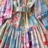 Women Stand Collar Lantern Long Sleeve Ruffle Printed Dress