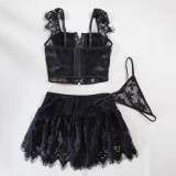 Women Lace Lace-Up Cross Pu Leather Sexy Lingerie