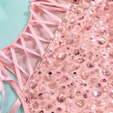 Women Pink Sequin Shaping Butterfly Lace-Up Sexy Bodysuit