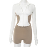 Women Stand Collar Contrast Patchwork Long Sleeve Finger Zipper Top Knot Shorts Two-Piece Set