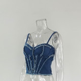 Women Sexy Strapless Fishbone Suspender Sleeveless Denim Top