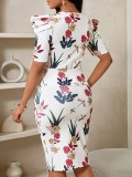 Women Summer Puff Sleeve Elegant V-neck Floral Shirt and Skirt