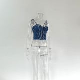 Women Sexy Strapless Fishbone Suspender Sleeveless Denim Top