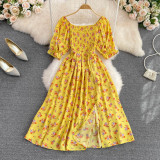 Women Summer French Square Neck Bubble Short Sleeve Slit Dress
