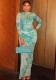 Women Printed Mesh Waist Bodycon High Neck Long Sleeve Chic Dress