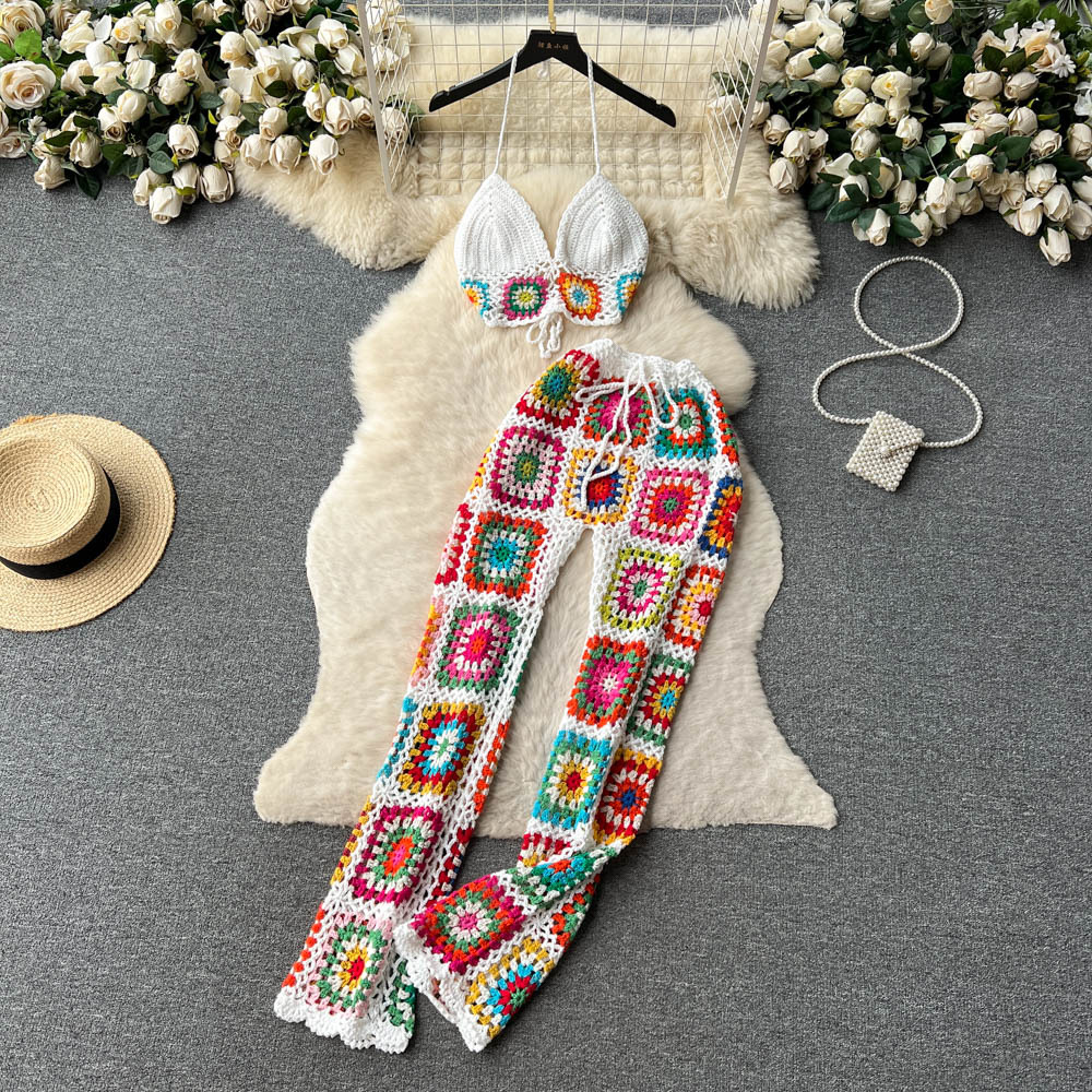 Women Summer Crochet Flower Suspender Top and Wide Leg Pants Retro Two-piece Set