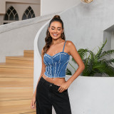 Women Sexy Strapless Fishbone Suspender Sleeveless Denim Top