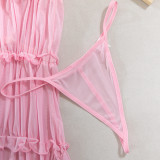 Women Pink Ruffle Edge Suspender Nightdress Sexy Lingerie