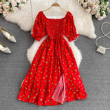 Women Summer French Square Neck Bubble Short Sleeve Slit Dress
