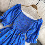 Women Summer French Square Neck Bubble Short Sleeve Slit Dress