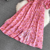 Women Summer French Square Neck Bubble Short Sleeve Slit Dress