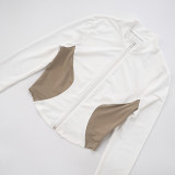 Women Stand Collar Contrast Patchwork Long Sleeve Finger Zipper Top Knot Shorts Two-Piece Set