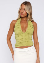 Women Sexy V Neck Halter Neck Gathered Backless Top Women Sexy V Neck Halter Neck Gathered Backless Top