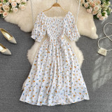 Women Summer French Square Neck Bubble Short Sleeve Slit Dress