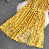 Women Summer French Square Neck Bubble Short Sleeve Slit Dress