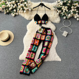Women Summer Crochet Flower Suspender Top and Wide Leg Pants Retro Two-piece Set