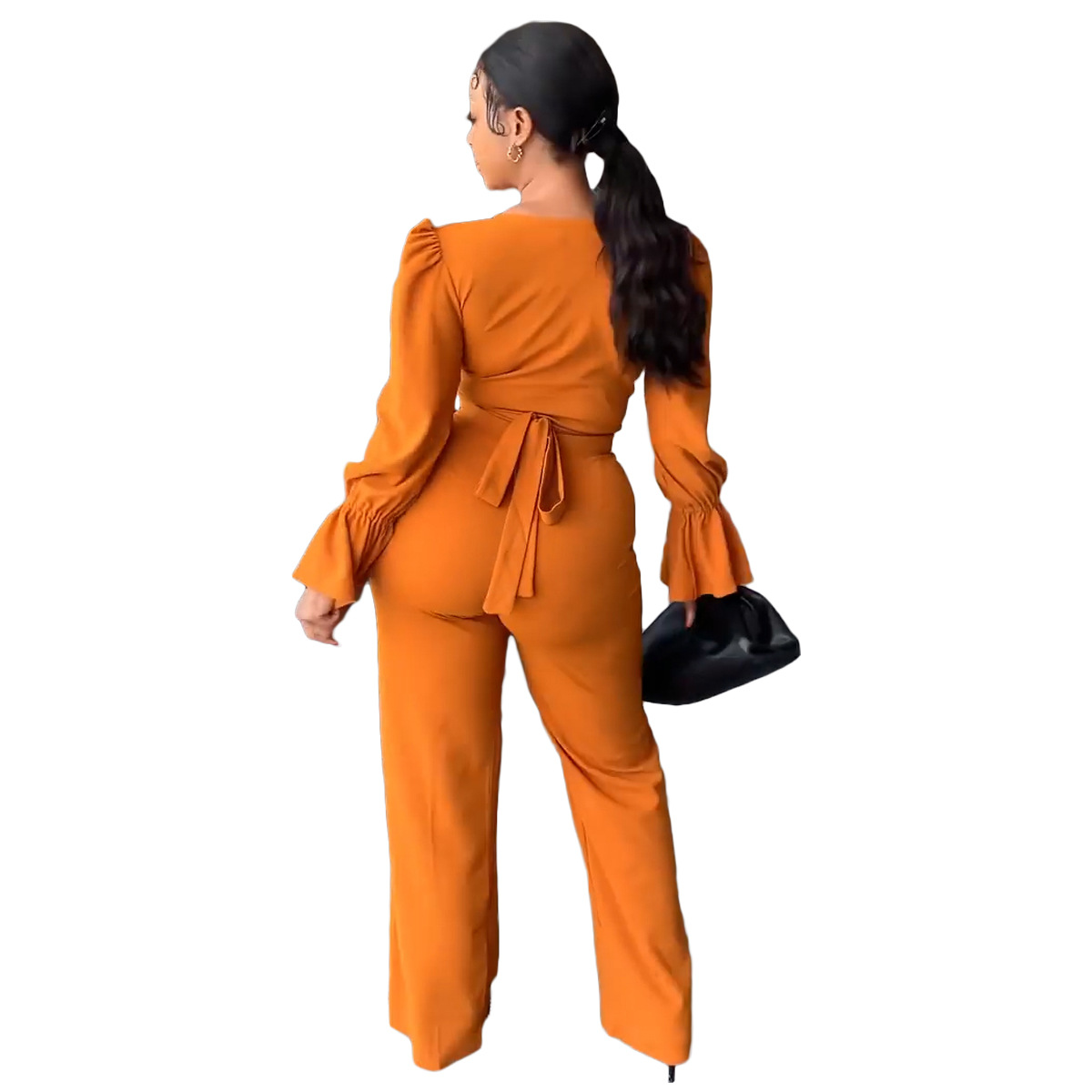 Women Casual V-Neck Lace-Up Bell Bottom Long Sleeve Solid Top and Pants Two-Piece Set