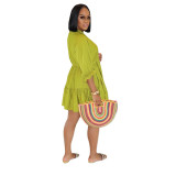 Women Solid Casual V Neck Three-quarter Sleeve Pleated Dress