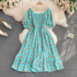 Women Summer French Square Neck Bubble Short Sleeve Slit Dress