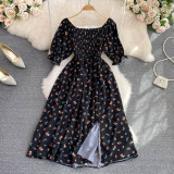 Women Summer French Square Neck Bubble Short Sleeve Slit Dress