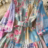 Women Stand Collar Lantern Long Sleeve Ruffle Printed Dress