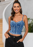 Women Sexy Strapless Fishbone Suspender Sleeveless Denim Top