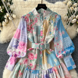 Women Stand Collar Lantern Long Sleeve Ruffle Printed Dress