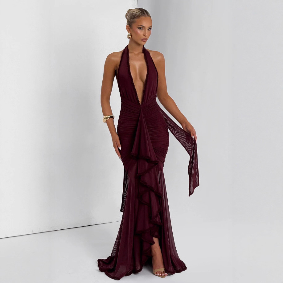 Women Sexy Stretch Suspender Solid V-Neck Dress