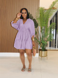 Women Solid Casual V Neck Three-quarter Sleeve Pleated Dress