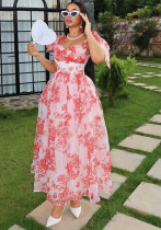 Women Summer Suspender Printed Lace-up Dress