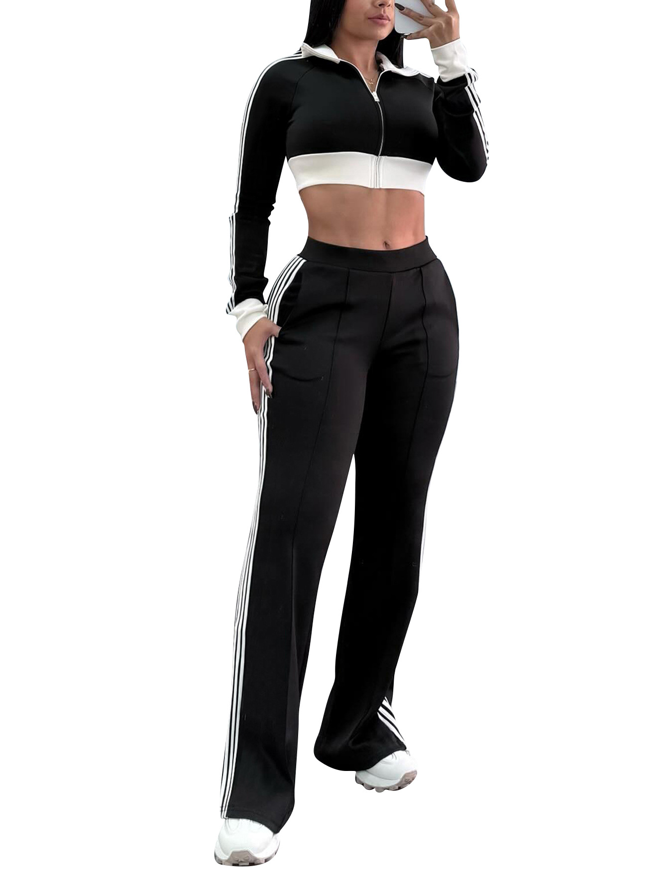 Women's Color-Blocked Casual Zip-Up Long Sleeve Top & Side-Stripe Sporty Pants Autumn/Winter Set