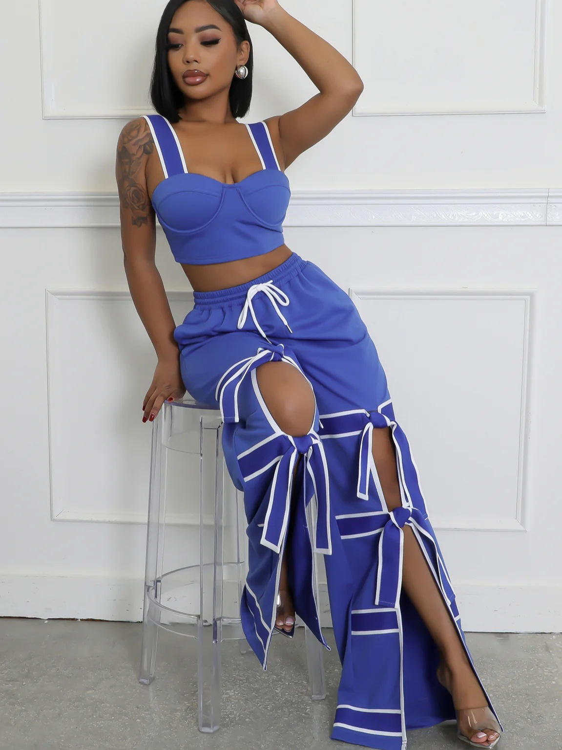 Women's Strap High-Waist Lace-Up Fashion Two Piece Pants Set