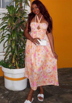 Sexy Cut-Out Halter Neck Strap Dress Women's Slim Waist Chic Holiday Floral Dress