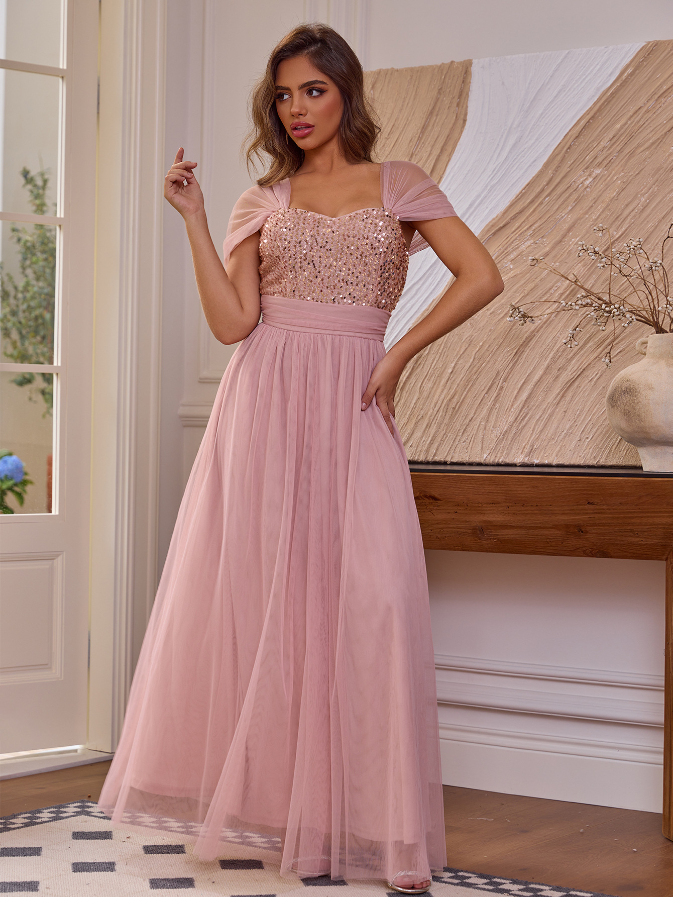 Sequin Short Sleeve Evening Dress