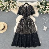 Round Neck Ruffle Sleeve Lace Dress Women's Summer Slim Fit Chic Elegant Gown