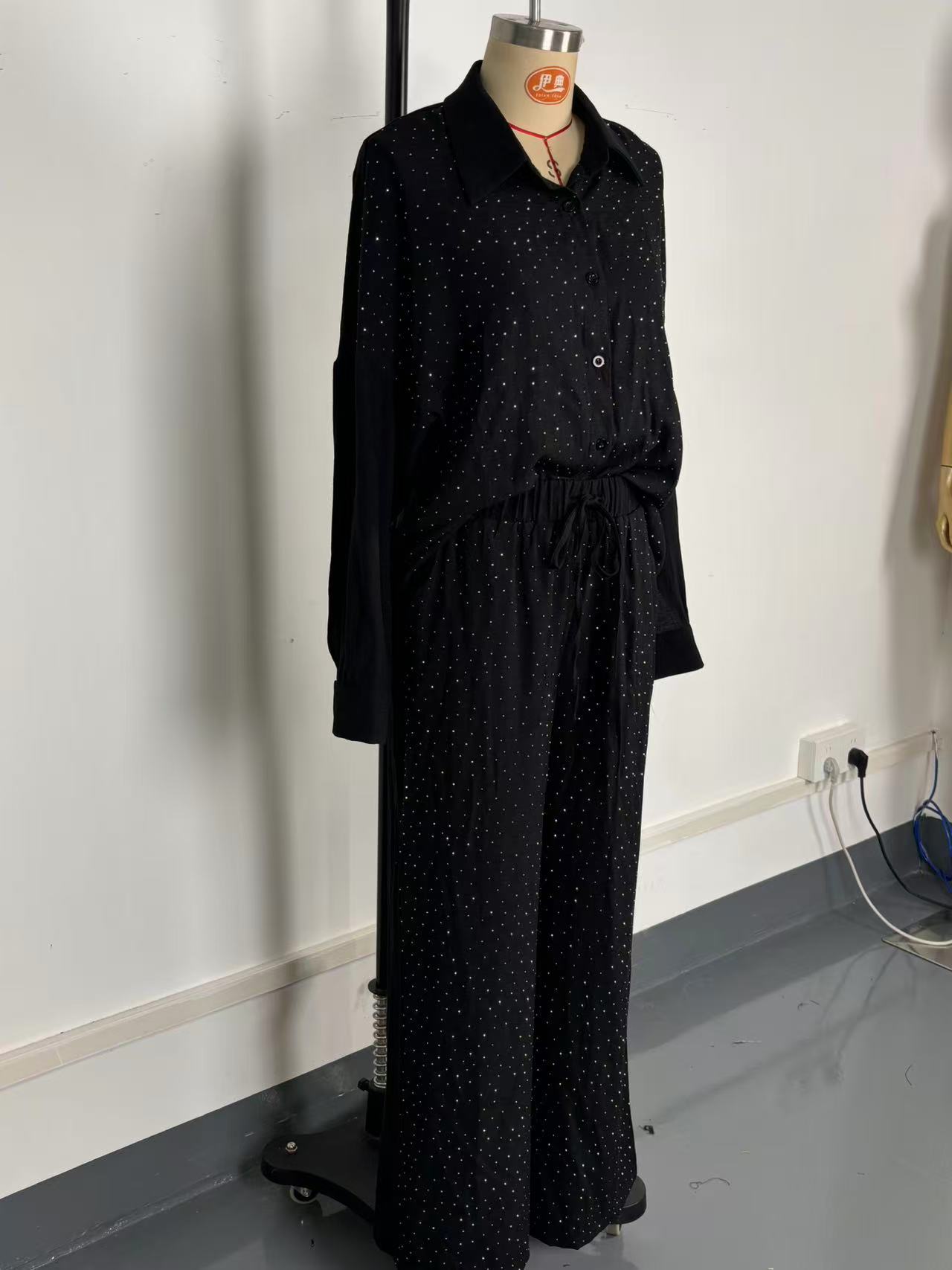 Women's Beaded Star-Embellished Blouse & Drawstring Wide-Leg Pants Set