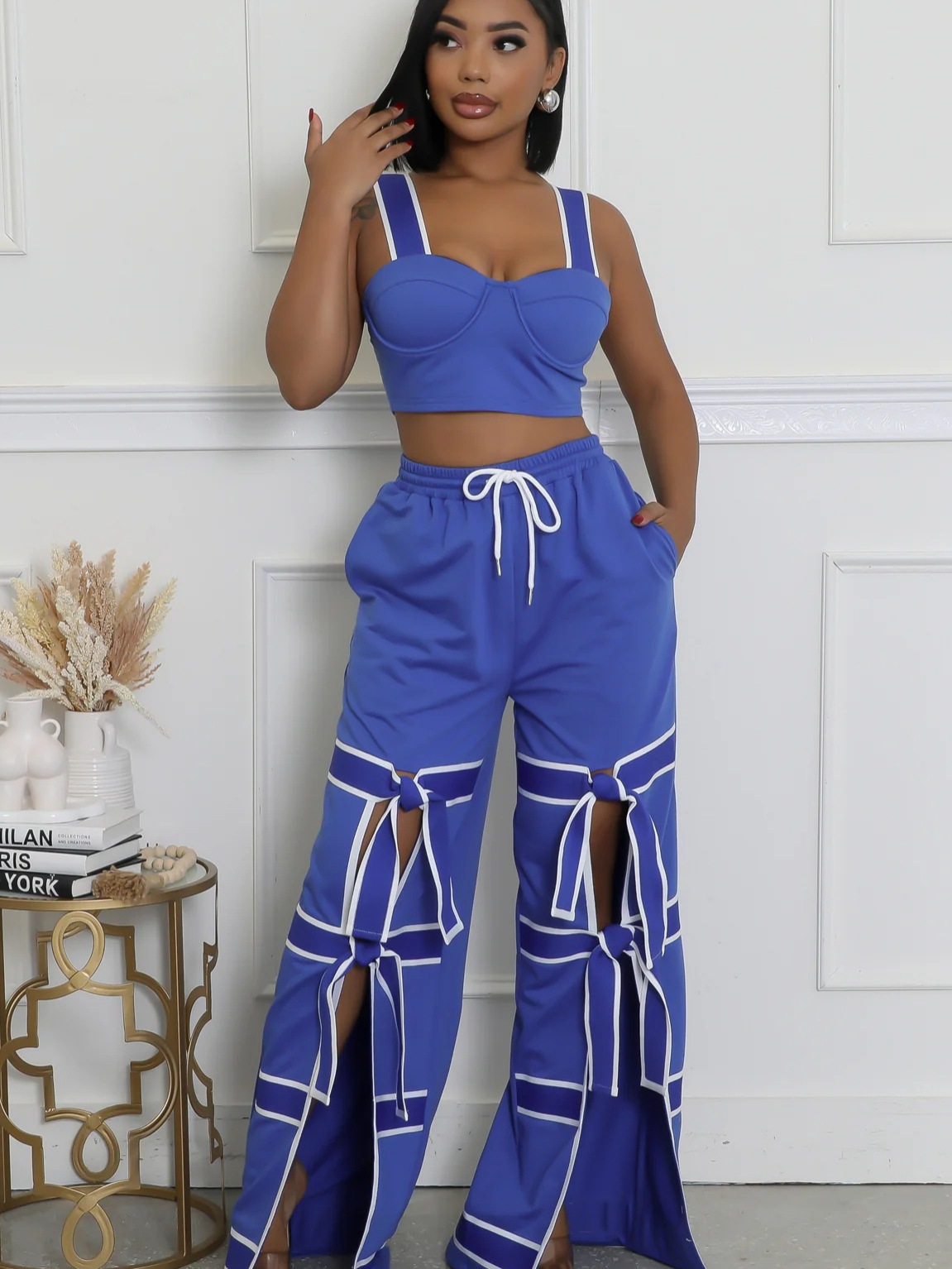 Women's Strap High-Waist Lace-Up Fashion Two Piece Pants Set