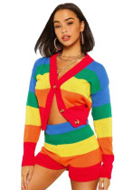 Women's Fashion Casual Color Block Print Cardigan + Shorts Set