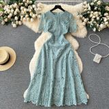 Round Neck Ruffle Sleeve Lace Dress Women's Summer Slim Fit Chic Elegant Gown