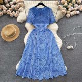 Round Neck Ruffle Sleeve Lace Dress Women's Summer Slim Fit Chic Elegant Gown