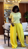 Women's Summer Sweet & Trendy Round Neck Heart Print Short Sleeve Top & Wide-Leg Pants Set