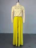 Women's Summer Sweet & Trendy Round Neck Heart Print Short Sleeve Top & Wide-Leg Pants Set