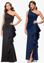One-Shoulder Chic Elegant Solid Color Slim Waist High-Slit Side Ruffles Mermaid Evening Gown