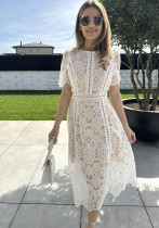 Round Neck Ruffle Sleeve Lace Dress Women's Summer Slim Fit Chic Elegant Gown