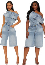 Casual Fashion Off Shoulder Slim Fit Denim Jumpsuit
