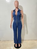 Women's Spring Sleeveless Fashion Halter Low Back Denim Jumpsuit