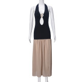 Women's Halter Lace-Up Hollow-Out Color-Block Slit Sexy Dress