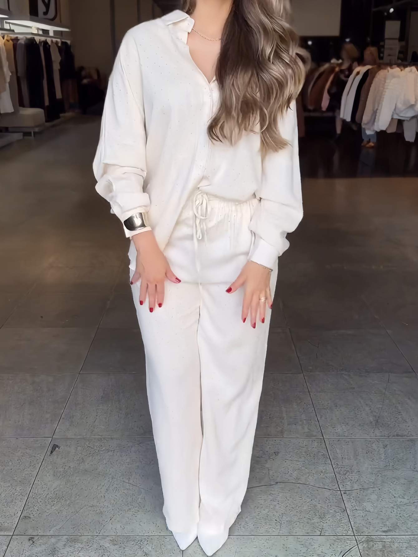 Women's Beaded Star-Embellished Blouse & Drawstring Wide-Leg Pants Set