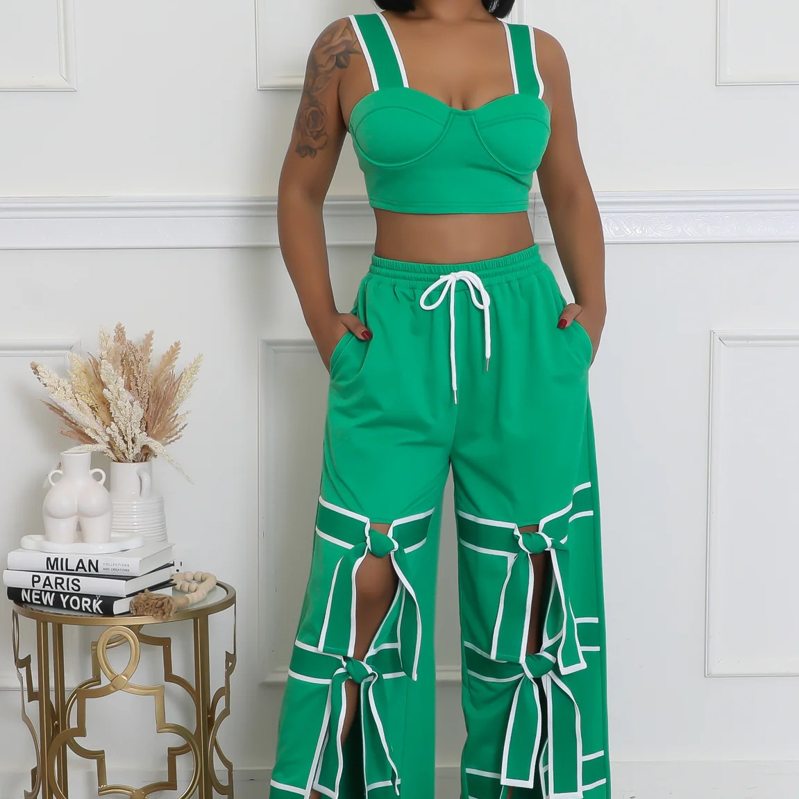 Women's Strap High-Waist Lace-Up Fashion Two Piece Pants Set