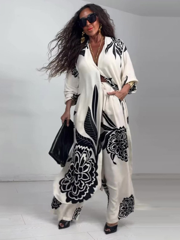 Summer Elegant Sexy Printed Top + Wide-Leg Pants Two-Piece Set